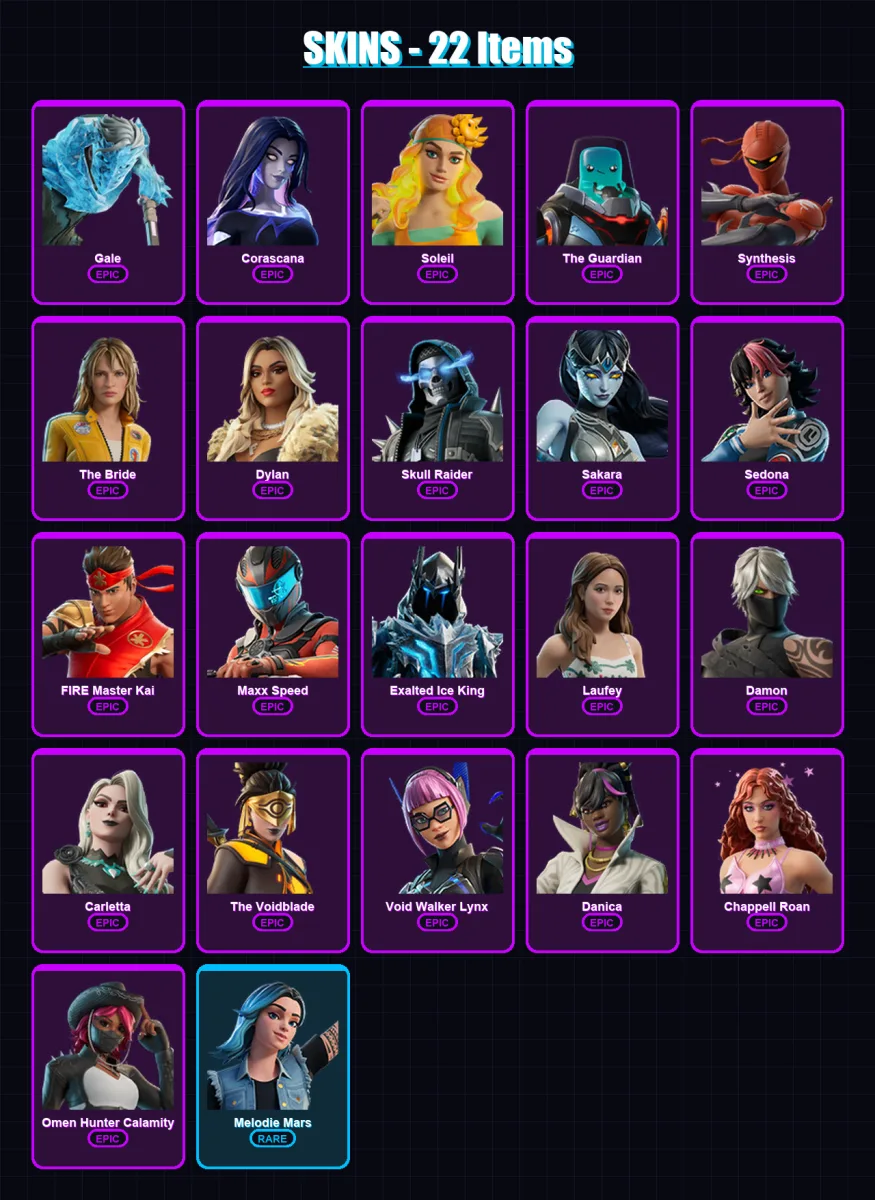 [PC/XBOX/PSN] | Gale | Corascana | Soleil | The Guardian | Synthesis | 22 skin | 11 pickaxe | 2 emote | 3 glider | Lv3