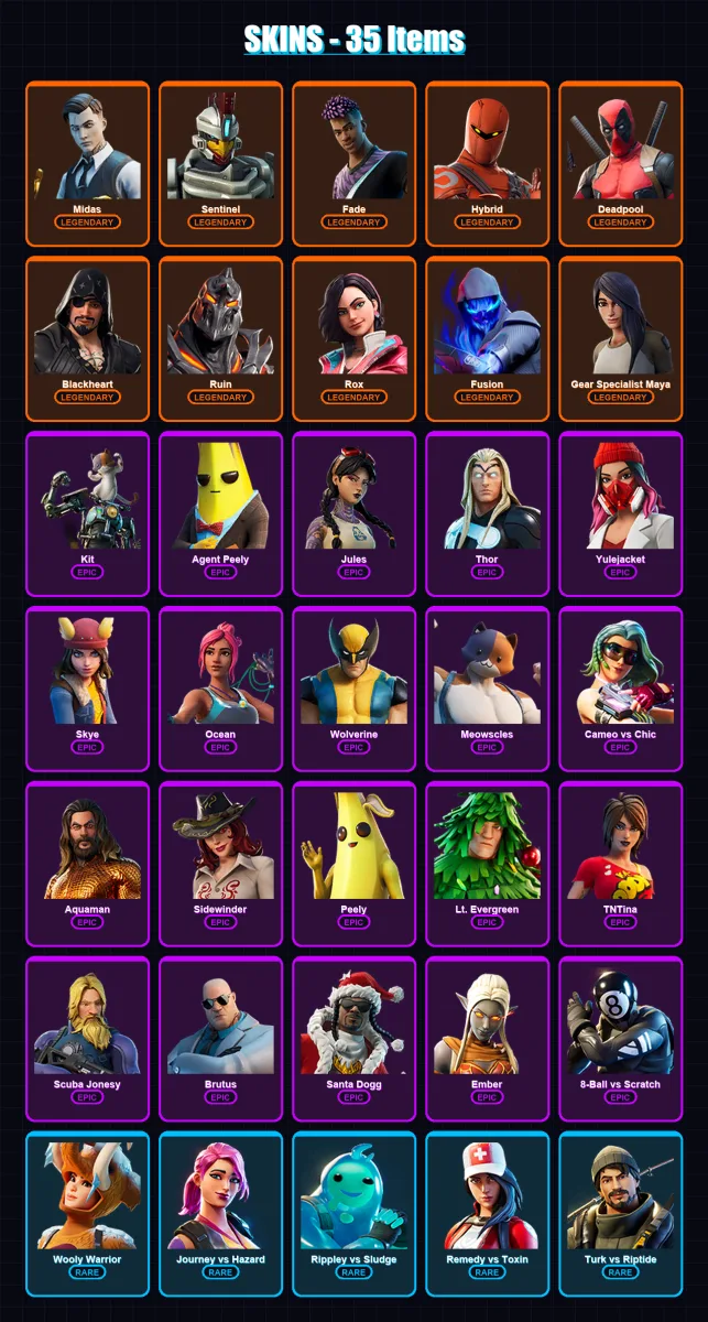 [PC/PSN] | Midas | Sentinel | Fade | Hybrid | Deadpool | 35 skin | 42 pickaxe | 40 emote | 44 glider | Lv635