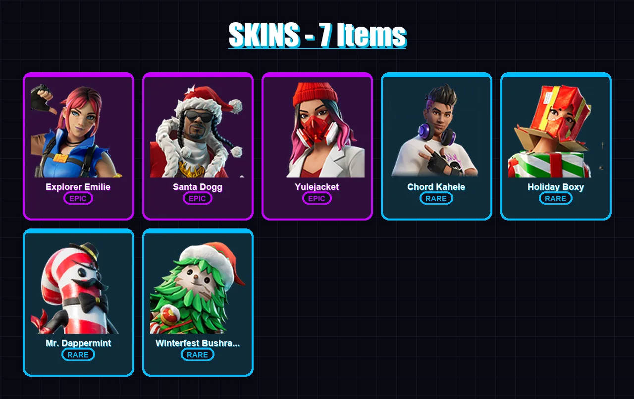 [PC/XBOX/PSN] | Explorer Emilie | Santa Dogg | Yulejacket | Chord Kahele | Holiday Boxy | 7 skin | 20 pickaxe | 7 emote | 14 glider | Lv107
