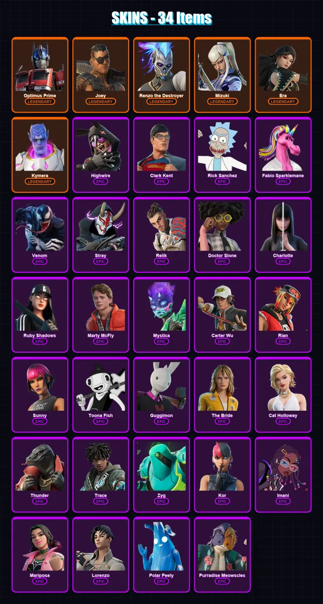 [PC/XBOX] | Optimus Prime | Joey | Renzo the Destroyer | Mizuki | Era | 34 skin | 56 pickaxe | 41 emote | 55 glider | Lv838 — Fortnite account