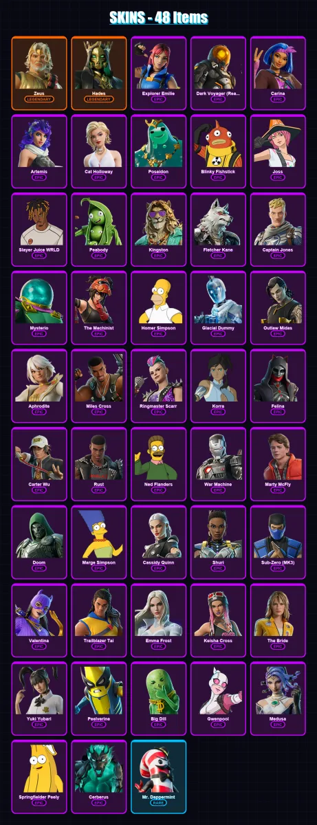 [PC/PSN] | Zeus | Hades | Explorer Emilie | Dark Voyager (Reality Redacted) | Carina | 48 skin | 73 pickaxe | 48 emote | 56 glider | Lv699 — Fortnite account