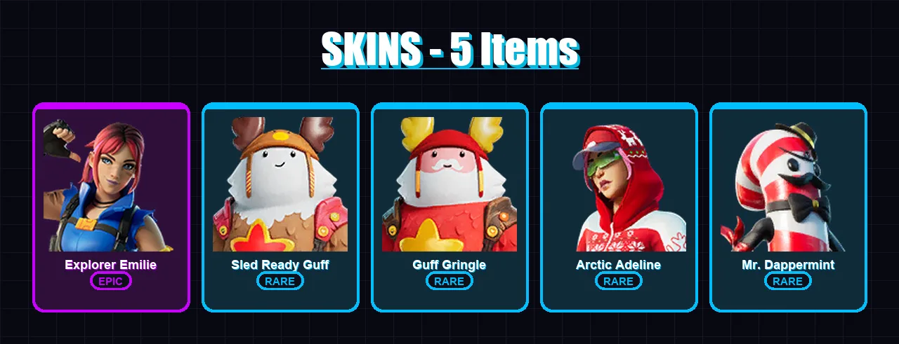 [PC/XBOX] | Explorer Emilie | Sled Ready Guff | Guff Gringle | Arctic Adeline | Mr. Dappermint | 5 skin | 3 pickaxe | 3 emote | 8 glider | Lv63