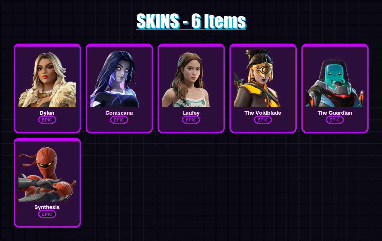 [PC/PSN] | Dylan | Corascana | Laufey | The Voidblade | The Guardian | 6 skin | 6 pickaxe | 1 emote | 4 glider | Lv8