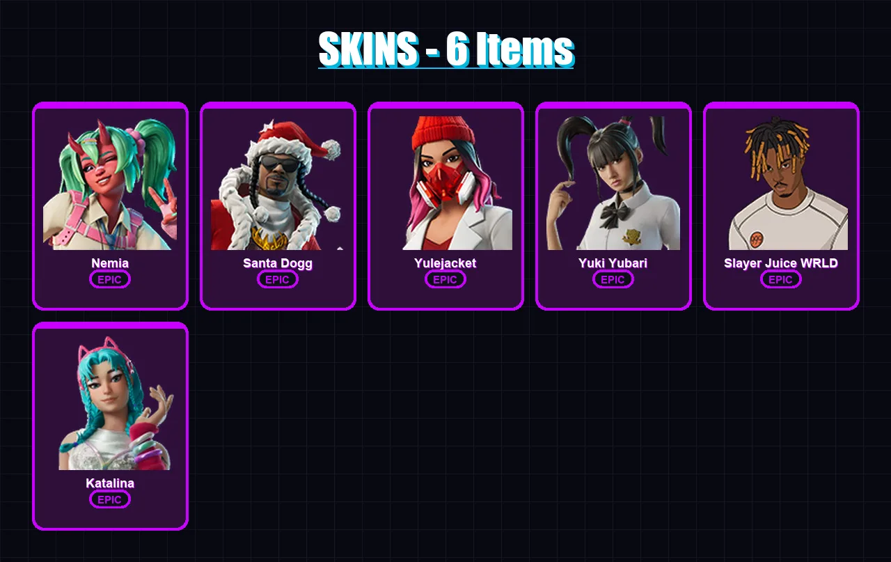 [PC/XBOX/PSN] | Nemia | Santa Dogg | Yulejacket | Yuki Yubari | Slayer Juice WRLD | 6 skin | 30 pickaxe | 11 emote | 16 glider | Lv144