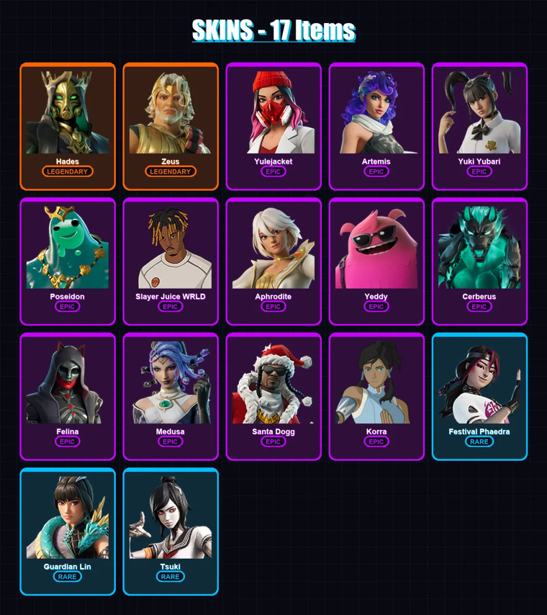 [PS4/PS5/XBOX/PC] | Hades | Zeus | Yulejacket | Artemis | Yuki Yubari | 17 skin | 70 pickaxe | 37 emote | 42 glider | Lv734