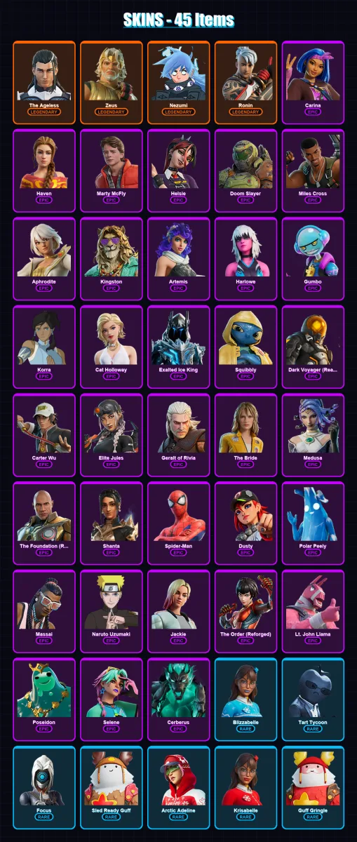 [PC/XBOX/PSN] | The Ageless | Zeus | Nezumi | Ronin | Carina | 45 skin | 53 pickaxe | 46 emote | 52 glider | Lv676