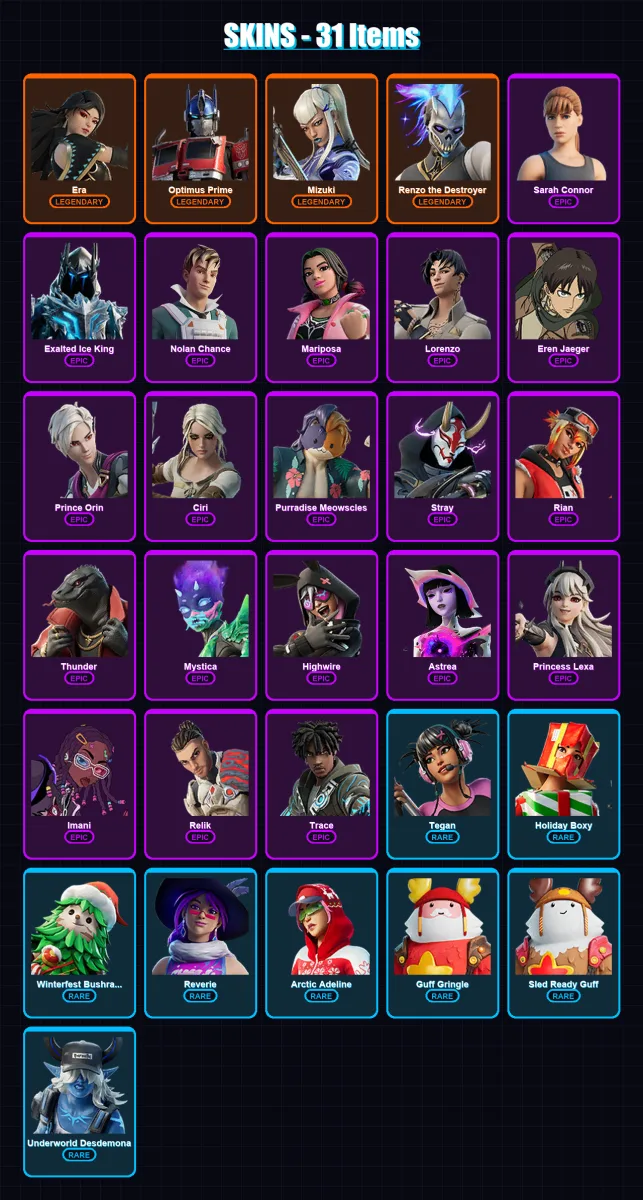 [PC/XBOX/PSN] | Era | Optimus Prime | Mizuki | Renzo the Destroyer | Sarah Connor | 31 skin | 41 pickaxe | 23 emote | 36 glider | Lv512