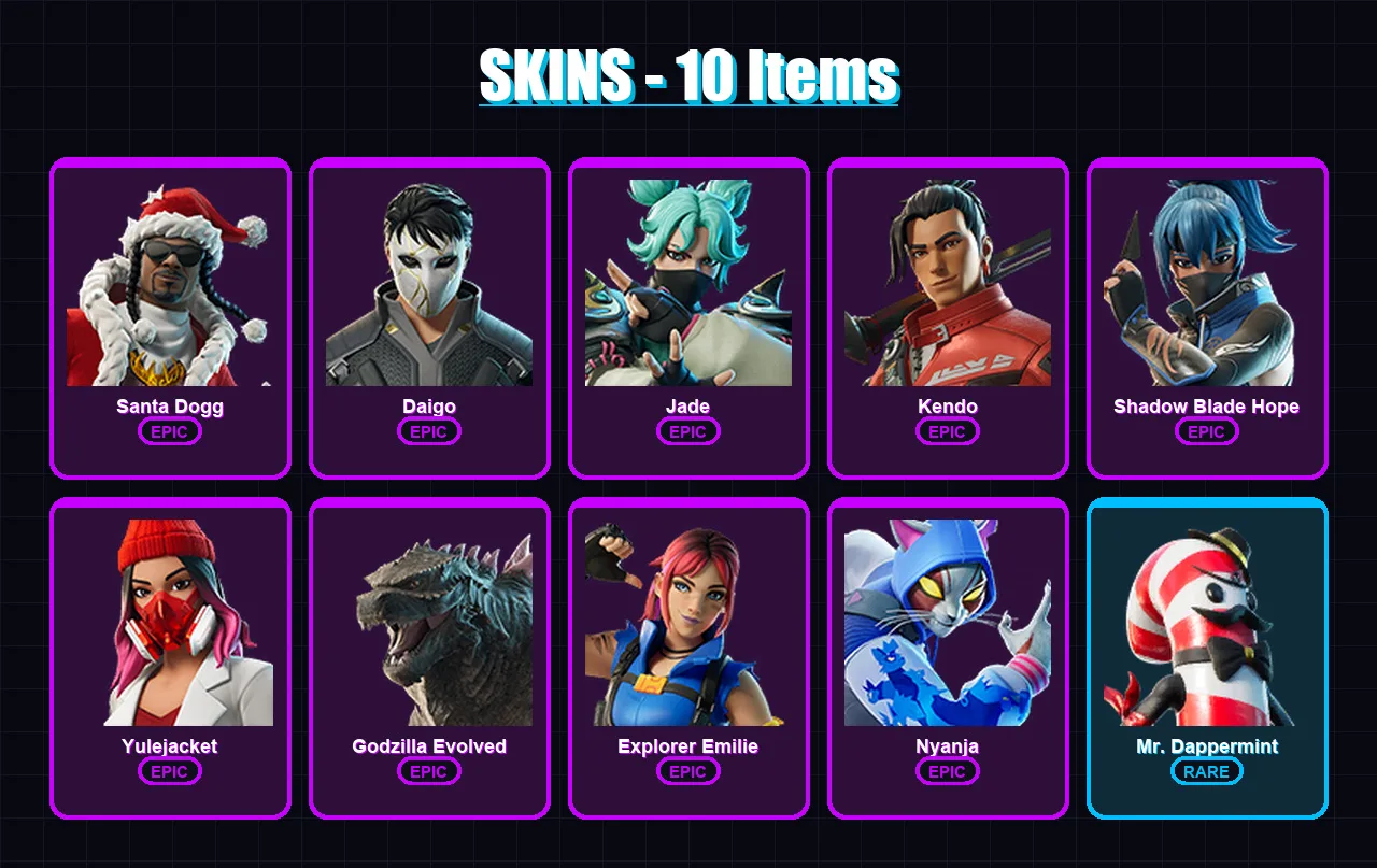 [PS4/PS5/XBOX/PC] | Santa Dogg | Daigo | Jade | Kendo | Shadow Blade Hope | 10 skin | 17 pickaxe | 16 emote | 12 glider | Lv113
