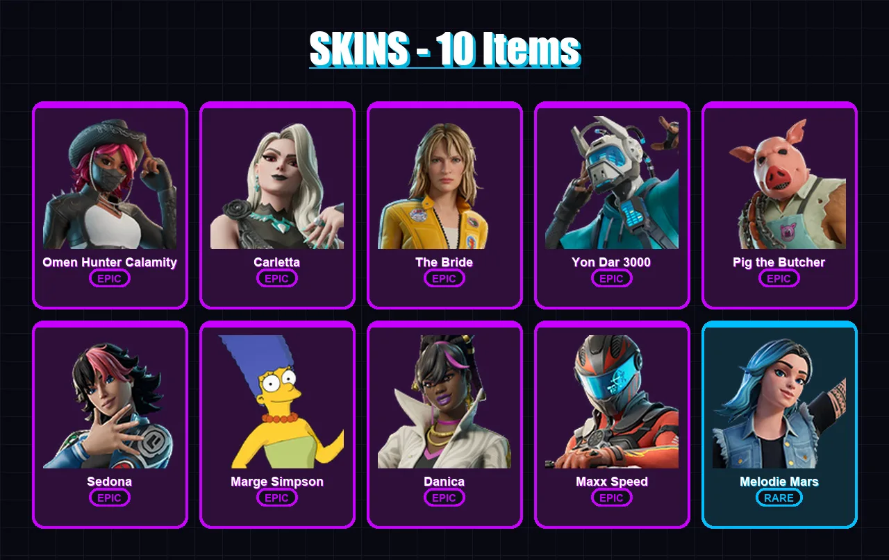 [PC/XBOX/PSN] | Omen Hunter Calamity | Carletta | The Bride | Yon Dar 3000 | Pig the Butcher | 10 skin | 14 pickaxe | 10 emote | 7 glider | Lv33