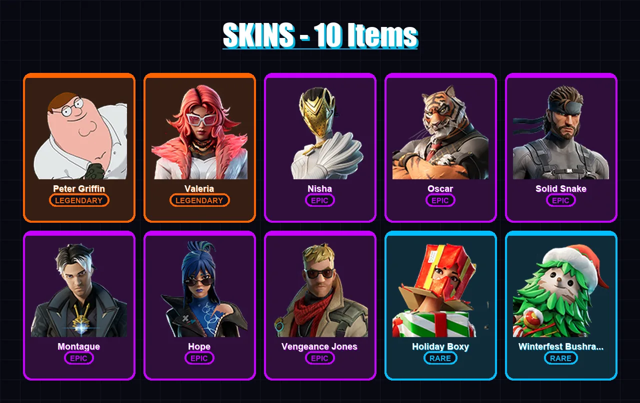[PC/XBOX/PSN] | Peter Griffin | Valeria | Nisha | Oscar | Solid Snake | 10 skin | 32 pickaxe | 16 emote | 28 glider | Lv343