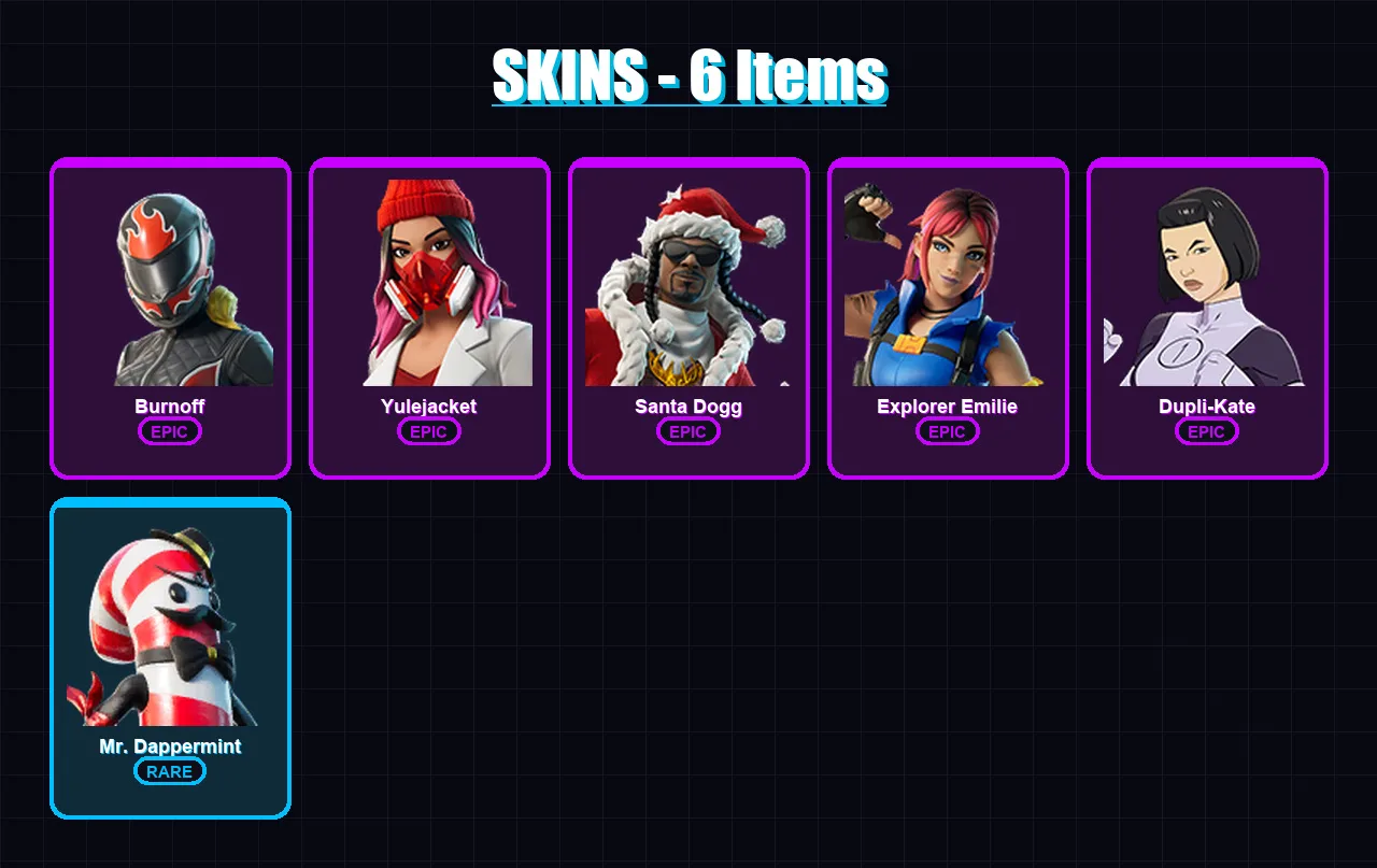 [PC/XBOX/PSN] | Burnoff | Yulejacket | Santa Dogg | Explorer Emilie | Dupli-Kate | 6 skin | 26 pickaxe | 9 emote | 15 glider | Lv225