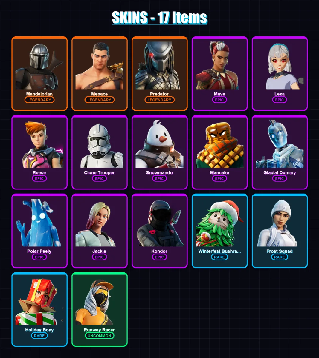 [PC/XBOX/PSN] | Mandalorian | Menace | Predator | Mave | Lexa | 17 skin | 32 pickaxe | 24 emote | 34 glider | Lv619