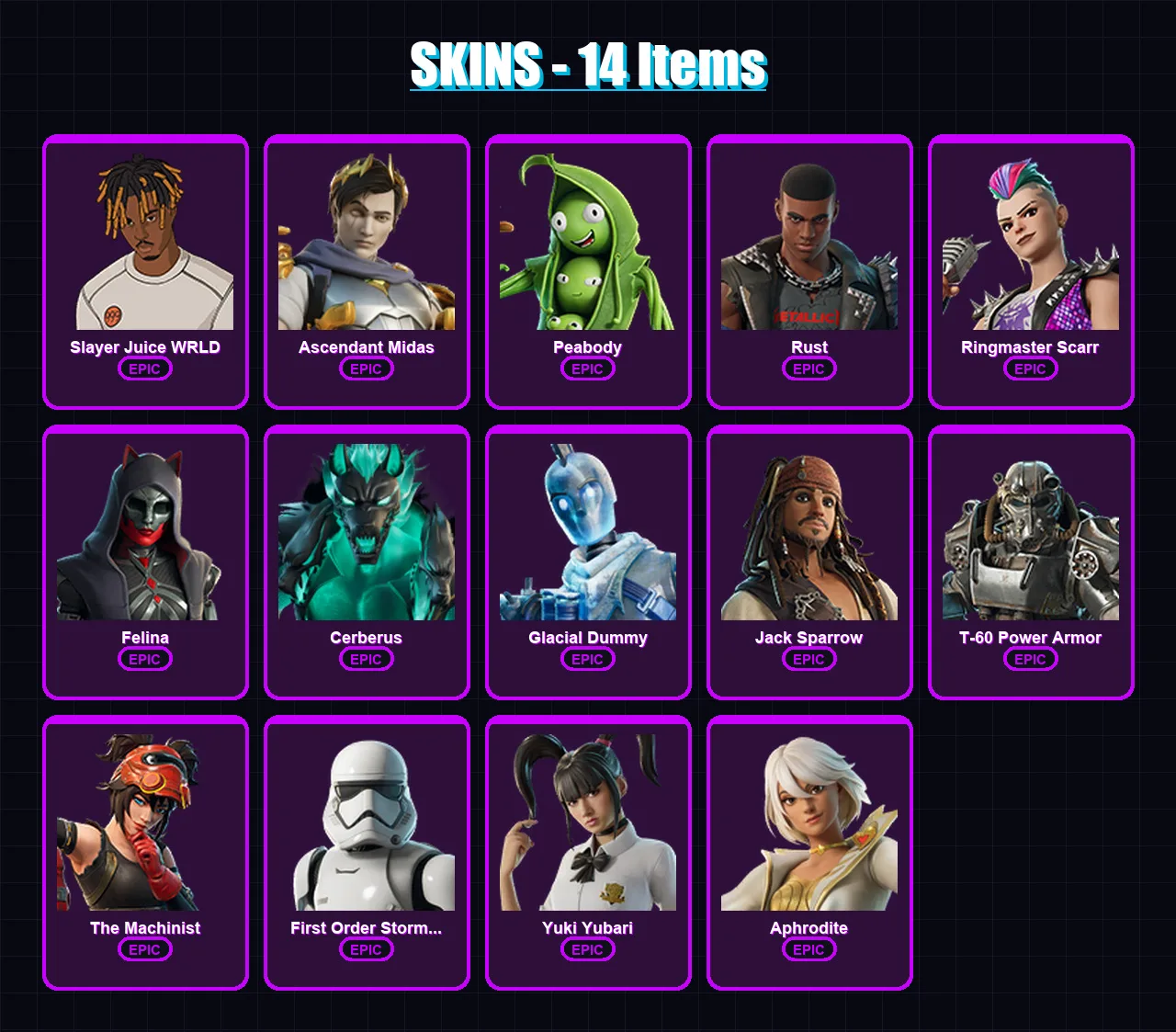 [PC/PSN] | Slayer Juice WRLD | Ascendant Midas | Peabody | Rust | Ringmaster Scarr | 14 skin | 55 pickaxe | 24 emote | 36 glider | Lv366