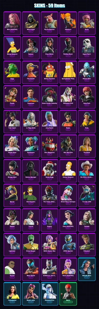 [PC/XBOX] | Mira (HUNTR/X) | Blitz Knight | Pig the Butcher | Afterburn | Sonia | 59 skin | 99 pickaxe | 53 emote | 53 glider | Lv477