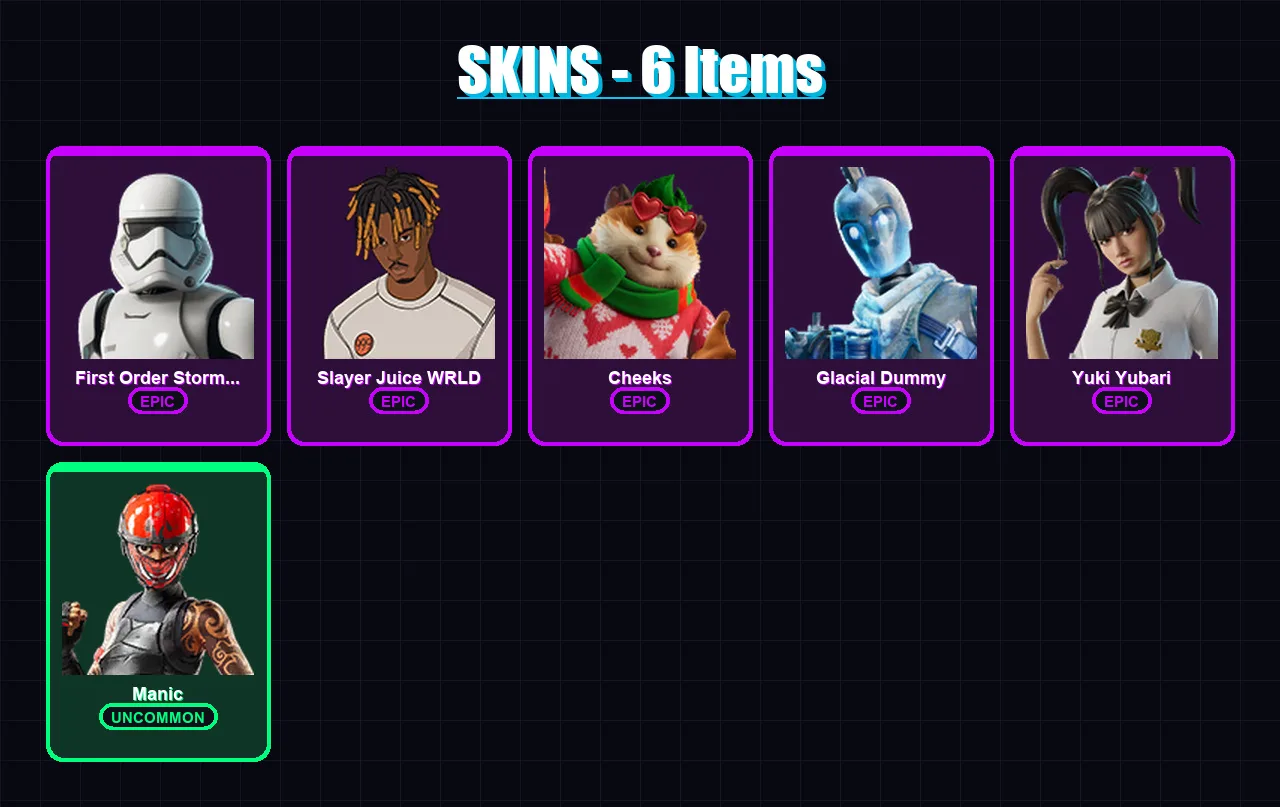 [PC/XBOX] | First Order Stormtrooper | Slayer Juice WRLD | Cheeks | Glacial Dummy | Yuki Yubari | 6 skin | 35 pickaxe | 17 emote | 27 glider | Lv325