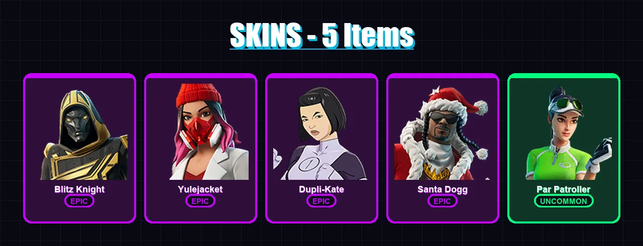 [PC/XBOX/PSN] | Blitz Knight | Yulejacket | Dupli-Kate | Santa Dogg | Par Patroller | 5 skin | 54 pickaxe | 21 emote | 38 glider | Lv977