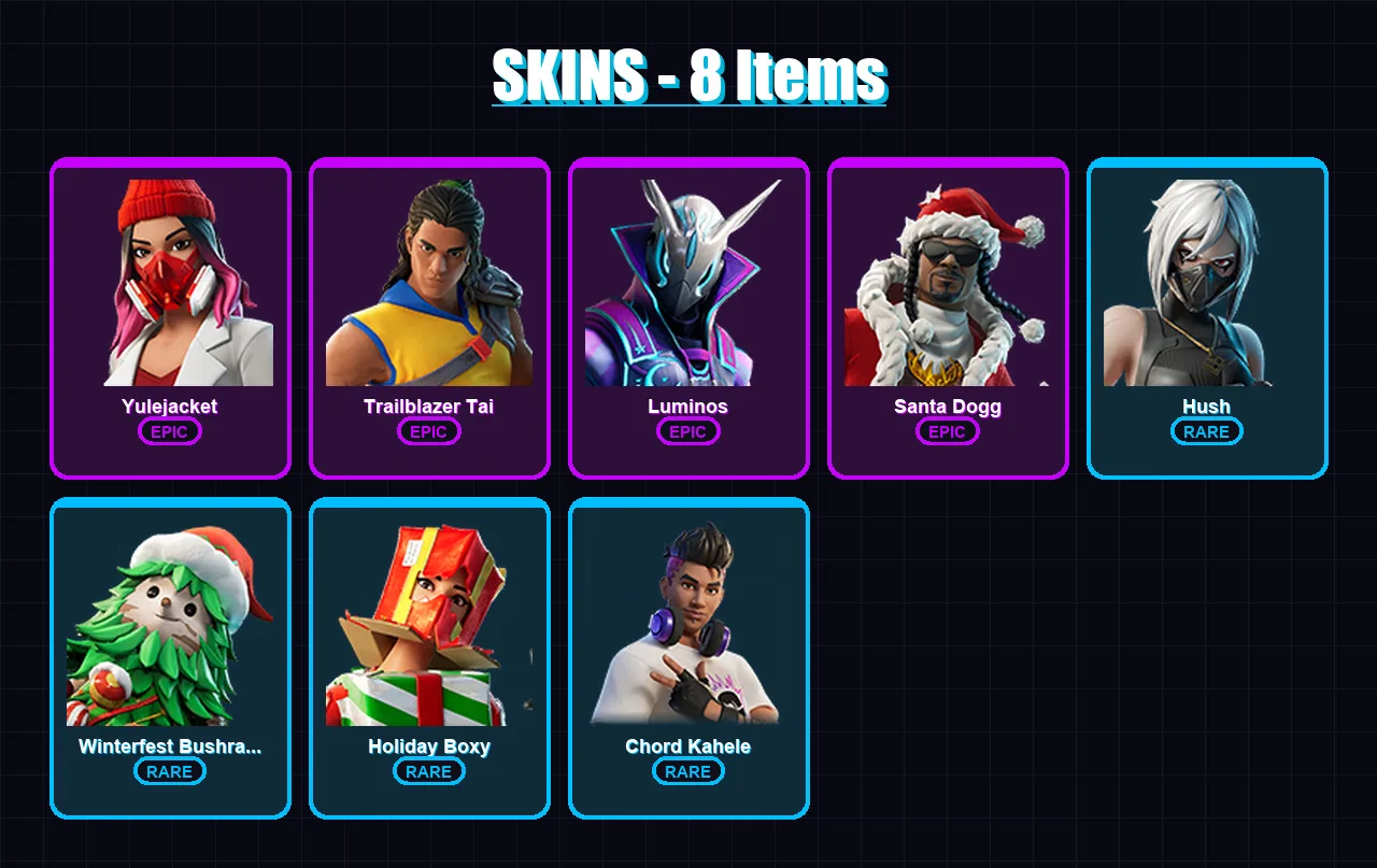 [PC/XBOX/PSN] | Yulejacket | Trailblazer Tai | Luminos | Santa Dogg | Hush | 8 skin | 20 pickaxe | 10 emote | 17 glider | Lv216