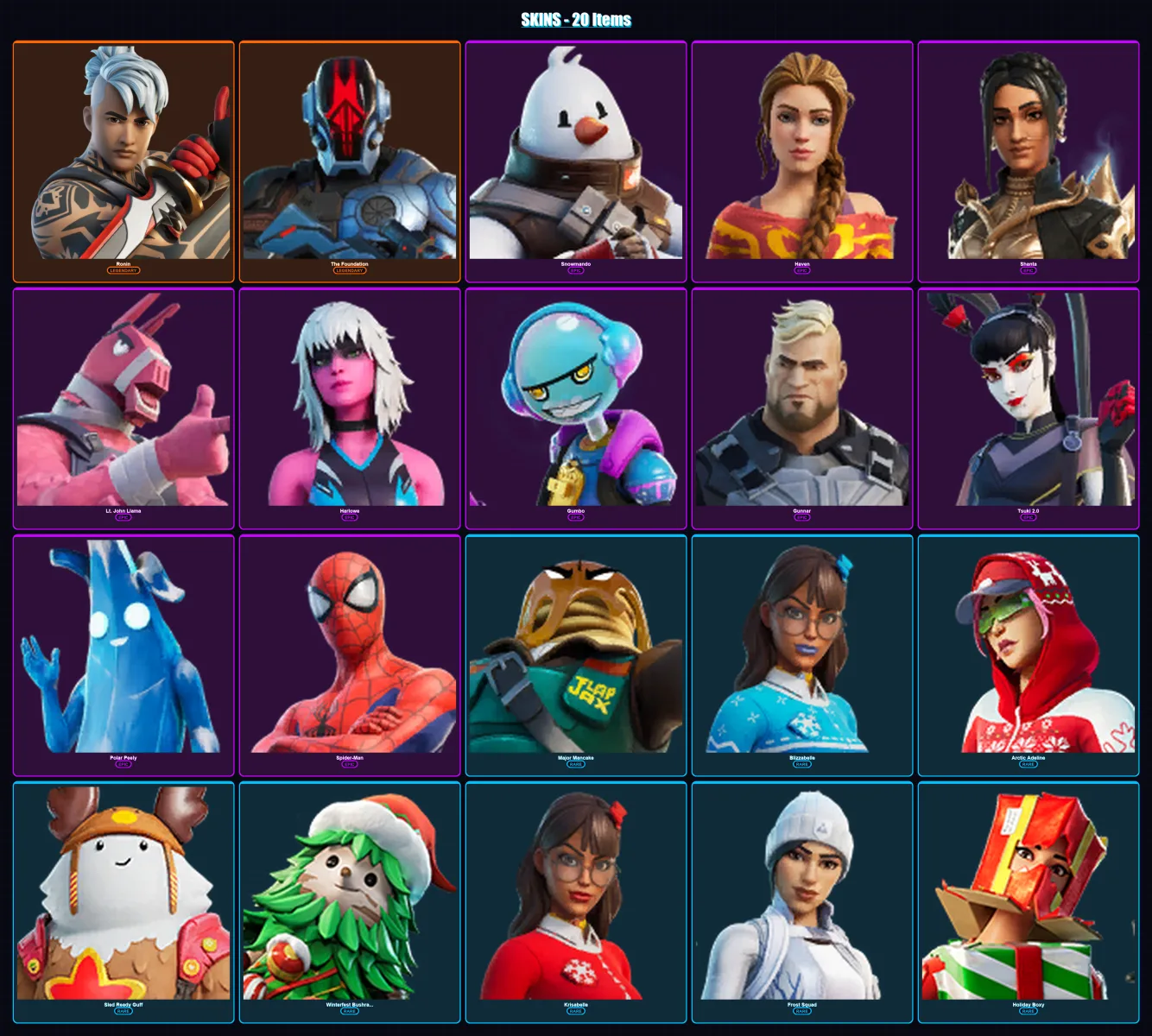[PC/XBOX/PSN] | Ronin | The Foundation | Snowmando | Haven | Shanta | 20 skin | 29 pickaxe | 26 emote | 37 glider | Lv624