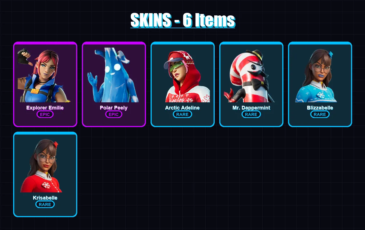 [PS4/PS5/XBOX/PC] | Explorer Emilie | Polar Peely | Arctic Adeline | Mr. Dappermint | Blizzabelle | 6 skin | 14 pickaxe | 15 emote | 16 glider | Lv1
