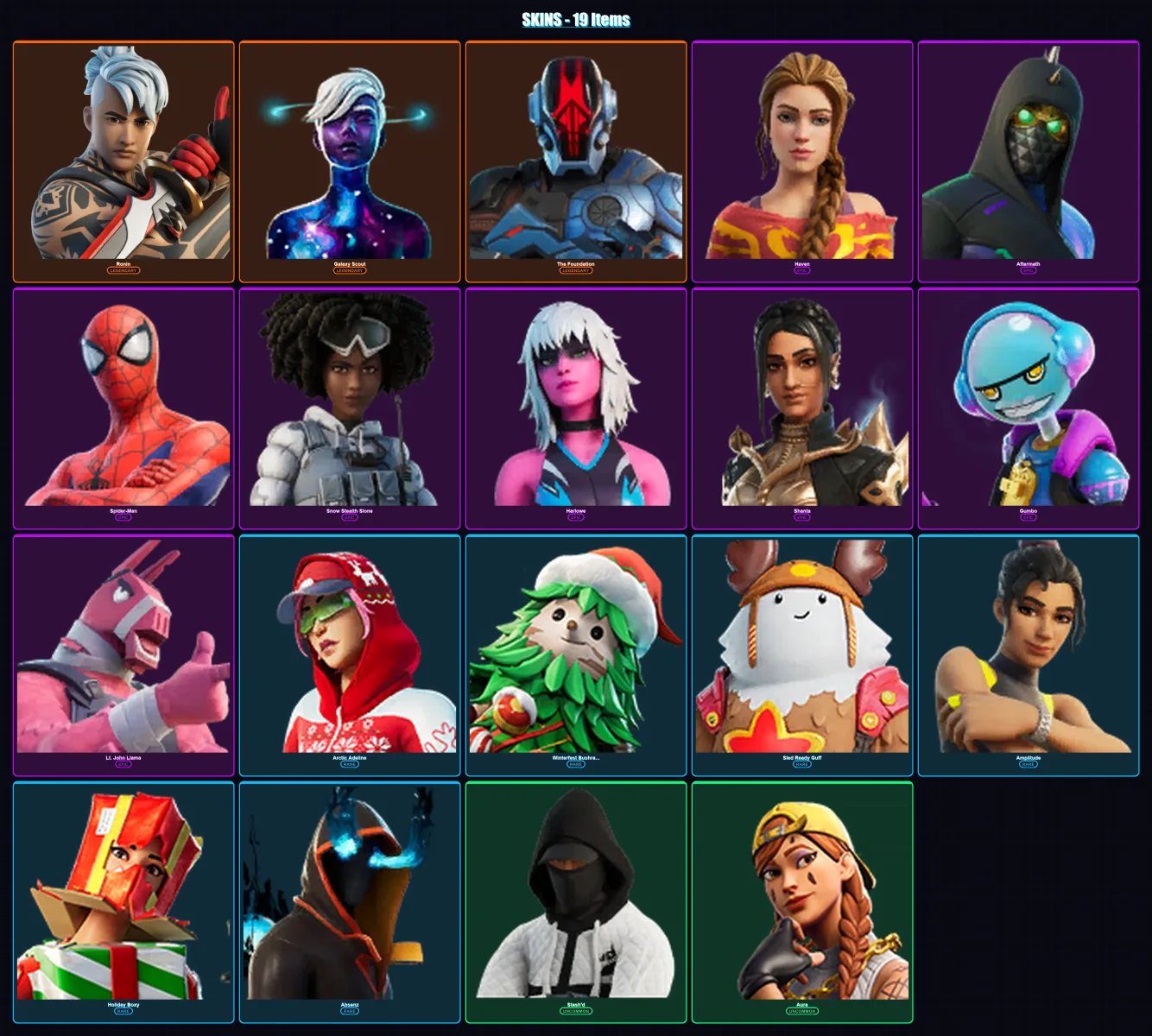 [SWITCH/XBOX/PC] | Ronin | Galaxy Scout | The Foundation | Haven | Aftermath | 19 skin | 20 pickaxe | 15 emote | 22 glider | Lv214