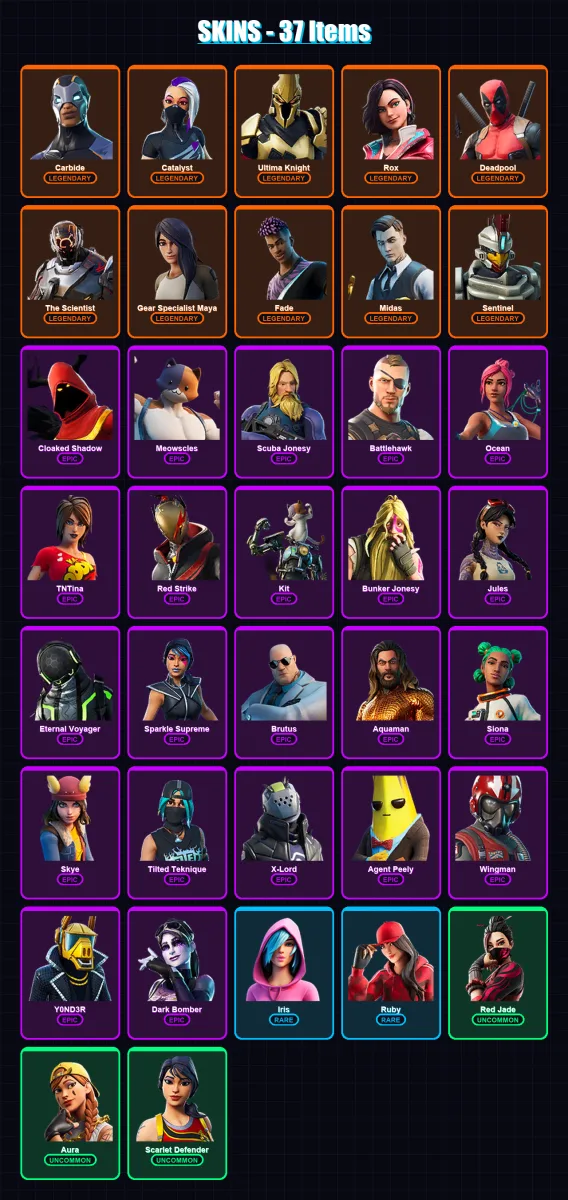 [PS4/PS5/XBOX/PC] | Carbide | Catalyst | Ultima Knight | Rox | Deadpool | 37 skin | 33 pickaxe | 47 emote | 42 glider | Lv479