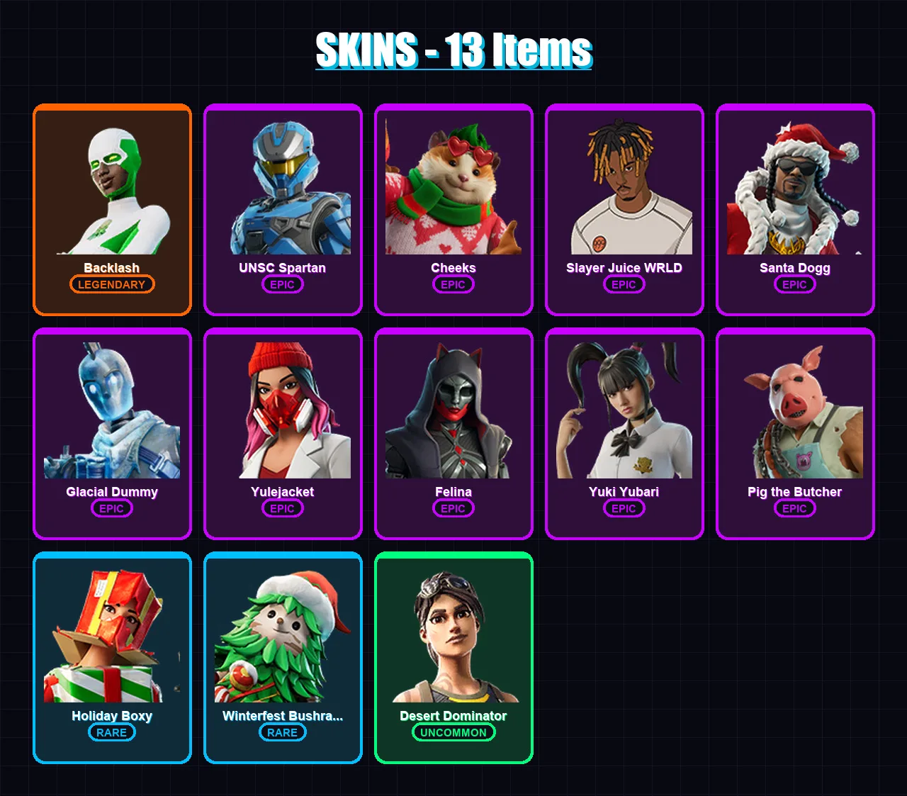 [PC/PSN] | Backlash | UNSC Spartan | Cheeks | Slayer Juice WRLD | Santa Dogg | 13 skin | 90 pickaxe | 36 emote | 55 glider | Lv1521