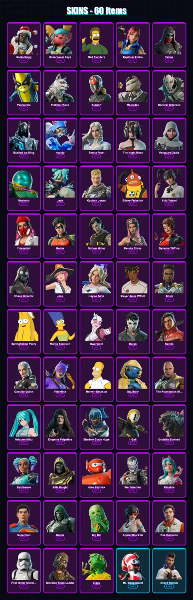 [PS4/PS5/XBOX/PC] | Santa Dogg | Undercover Skye | Ned Flanders | Explorer Emilie | Felina | 60 skin | 95 pickaxe | 62 emote | 70 glider | Lv958