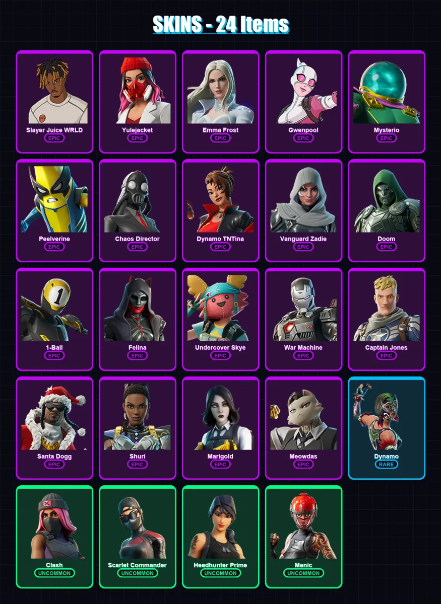 [PS4/PS5/XBOX/PC] | Slayer Juice WRLD | Yulejacket | Emma Frost | Gwenpool | Mysterio | 24 skin | 61 pickaxe | 28 emote | 34 glider | Lv1069