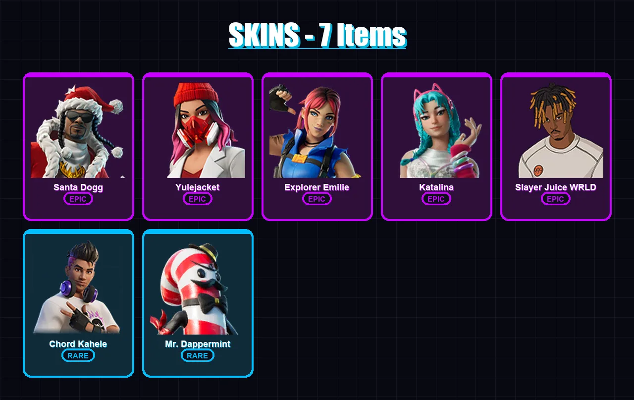 [PC/XBOX/PSN] | Santa Dogg | Yulejacket | Explorer Emilie | Katalina | Slayer Juice WRLD | 7 skin | 11 pickaxe | 5 emote | 8 glider | Lv98