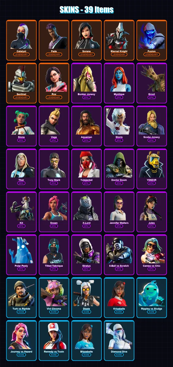 [PS4/PS5/XBOX/PC] | Catalyst | Fade | Sorana | Eternal Knight | Fusion | 39 skin | 52 pickaxe | 56 emote | 53 glider | Lv892