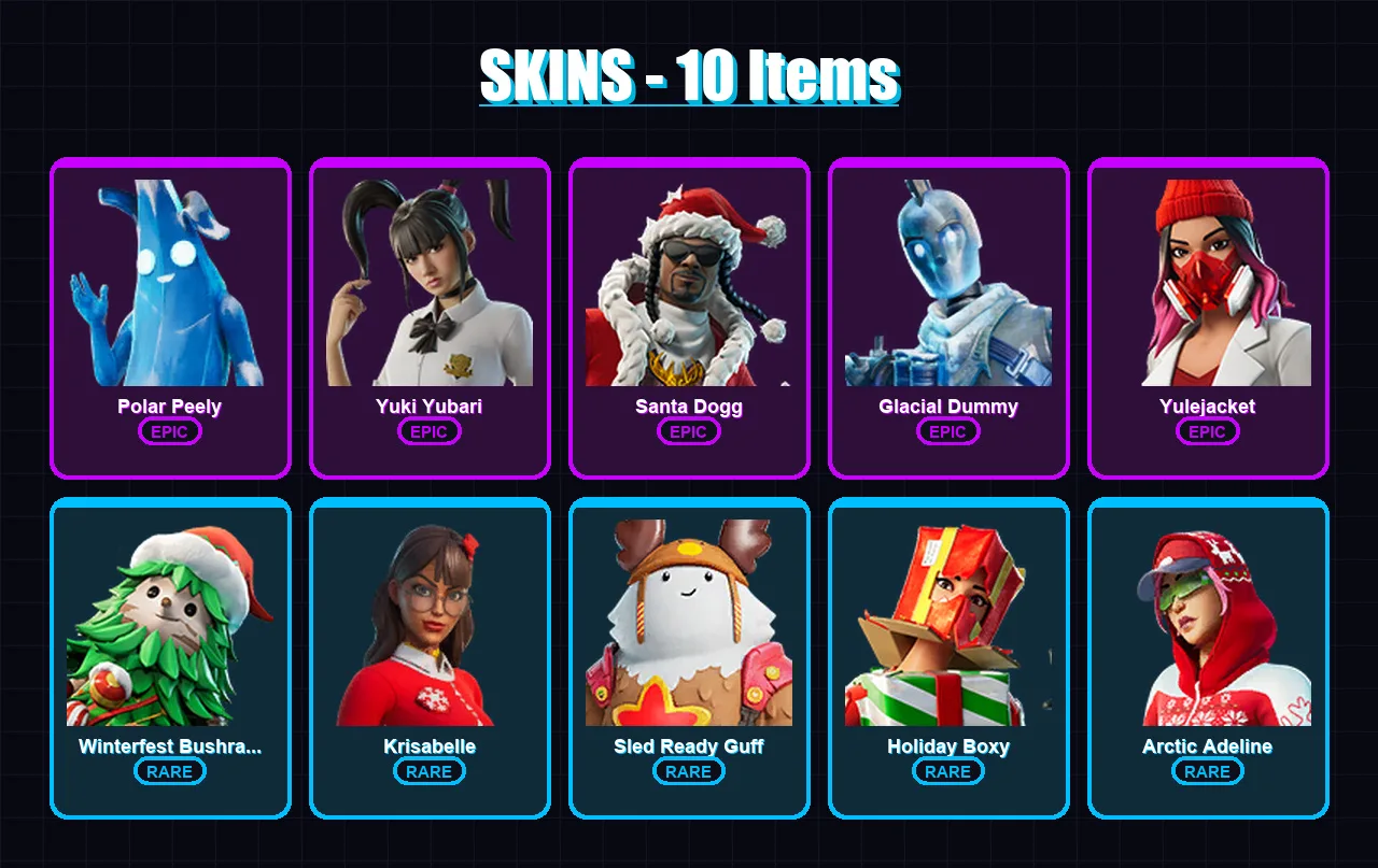 [SWITCH/PSN/PC] | Polar Peely | Yuki Yubari | Santa Dogg | Glacial Dummy | Yulejacket | 10 skin | 23 pickaxe | 19 emote | 22 glider | Lv350