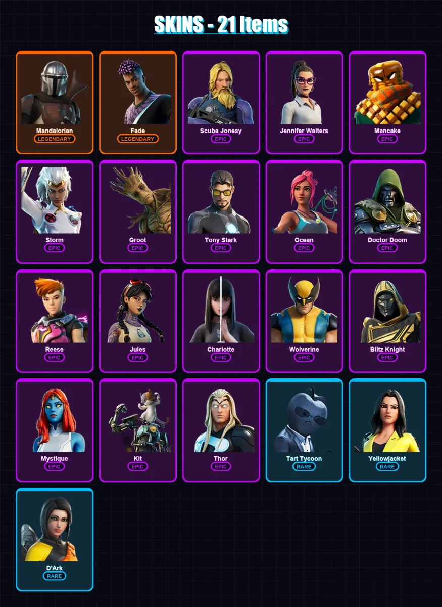 [PC/XBOX/PSN] | Mandalorian | Fade | Scuba Jonesy | Jennifer Walters | Mancake | 21 skin | 29 pickaxe | 21 emote | 27 glider | Lv328