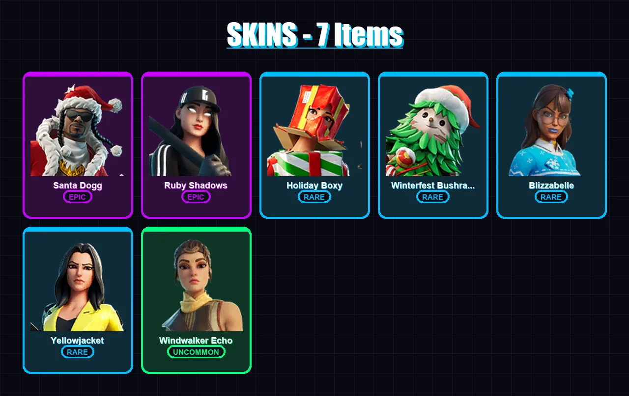 [PS4/PS5/PC] | Santa Dogg | Ruby Shadows | Holiday Boxy | Winterfest Bushranger | Blizzabelle | 7 skin | 18 pickaxe | 15 emote | 12 glider | Lv205