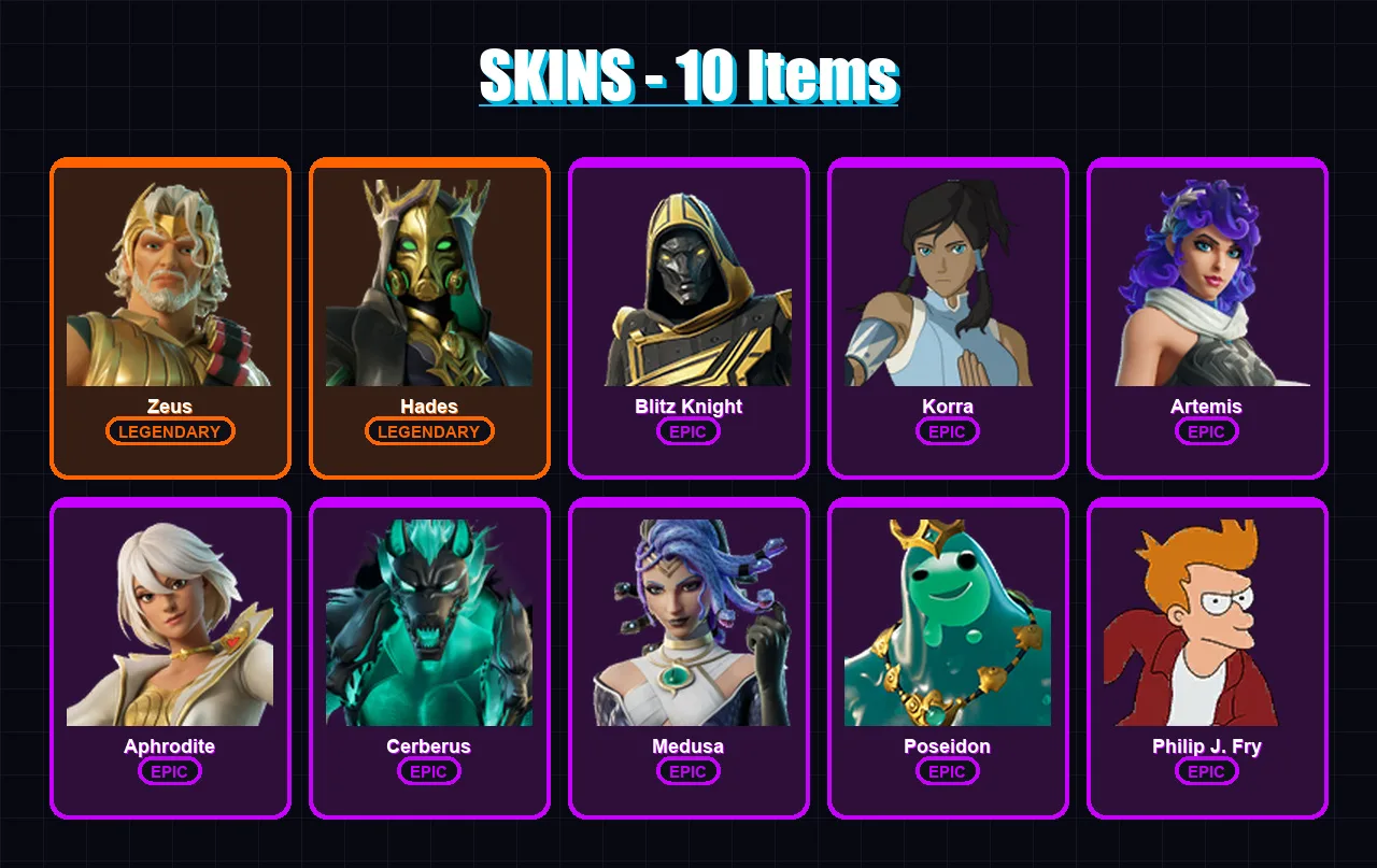 [PC/XBOX/PSN] | Zeus | Hades | Blitz Knight | Korra | Artemis | 10 skin | 29 pickaxe | 15 emote | 20 glider | Lv347 — Fortnite account