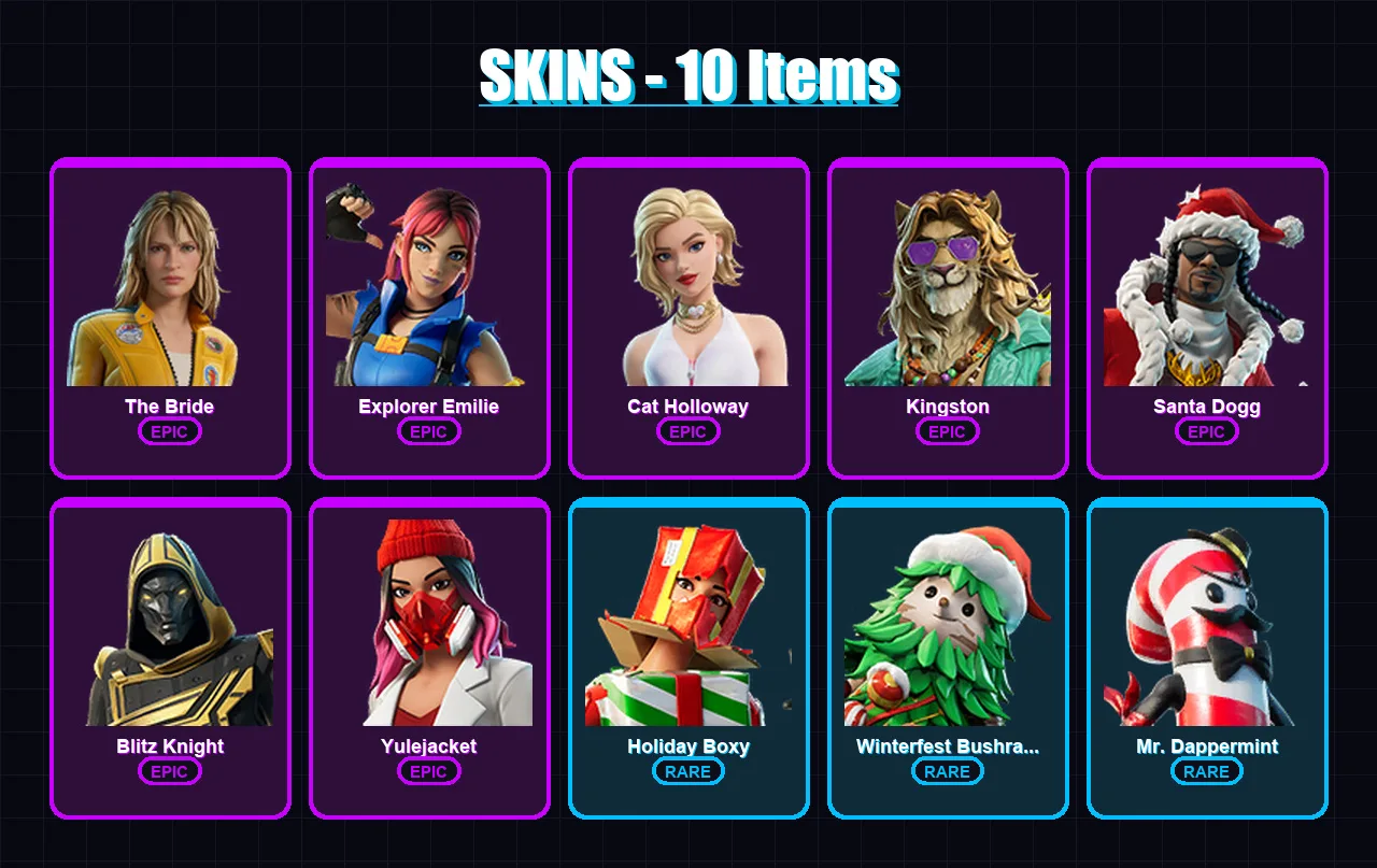 [PC/XBOX] | The Bride | Explorer Emilie | Cat Holloway | Kingston | Santa Dogg | 10 skin | 32 pickaxe | 17 emote | 24 glider | Lv246
