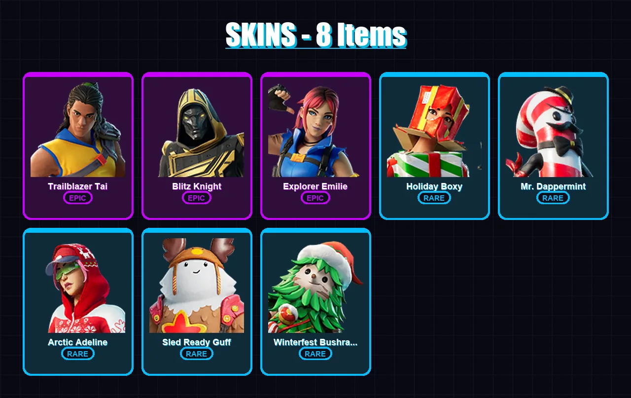 [PC/PSN] | Trailblazer Tai | Blitz Knight | Explorer Emilie | Holiday Boxy | Mr. Dappermint | 8 skin | 15 pickaxe | 10 emote | 16 glider | Lv193