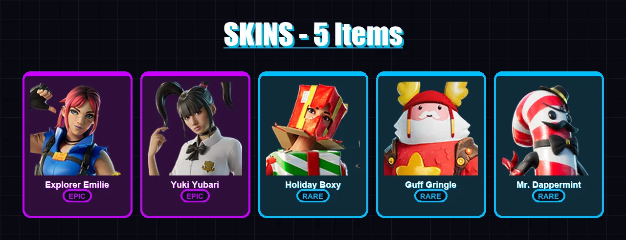 [PC/XBOX/PSN] | Explorer Emilie | Yuki Yubari | Holiday Boxy | Guff Gringle | Mr. Dappermint | 5 skin | 11 pickaxe | 4 emote | 11 glider | Lv158