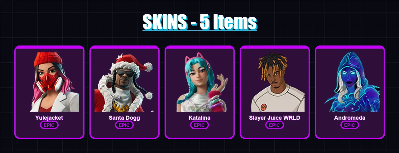 [SWITCH/XBOX/PSN/PC] | Yulejacket | Santa Dogg | Katalina | Slayer Juice WRLD | Andromeda | 5 skin | 21 pickaxe | 6 emote | 10 glider | Lv138