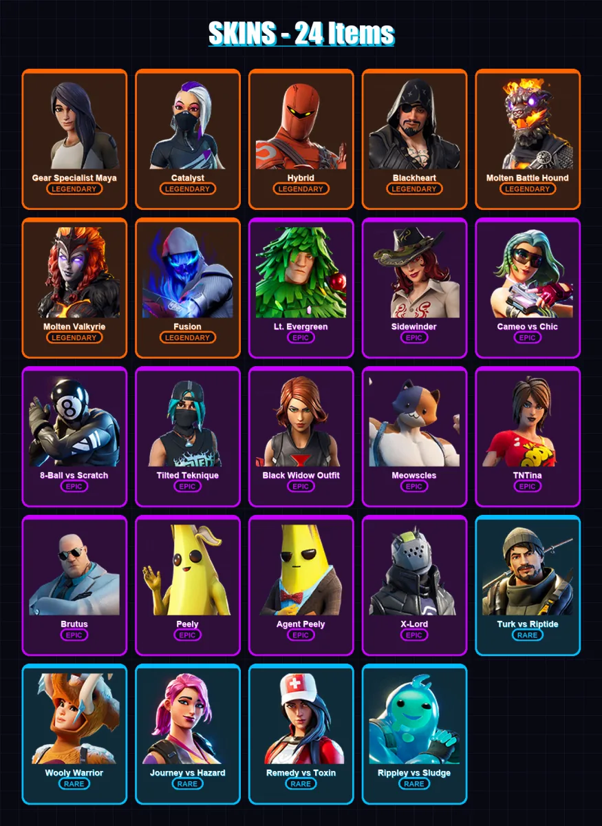 [PS4/PS5/XBOX/PC] | Gear Specialist Maya | Catalyst | Hybrid | Blackheart | Molten Battle Hound | 24 skin | 23 pickaxe | 42 emote | 29 glider | Lv42
