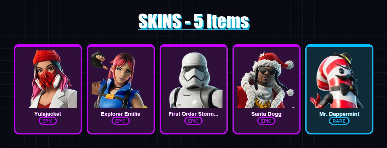 [PC/XBOX] | Yulejacket | Explorer Emilie | First Order Stormtrooper | Santa Dogg | Mr. Dappermint | 5 skin | 10 pickaxe | 4 emote | 9 glider | Lv100