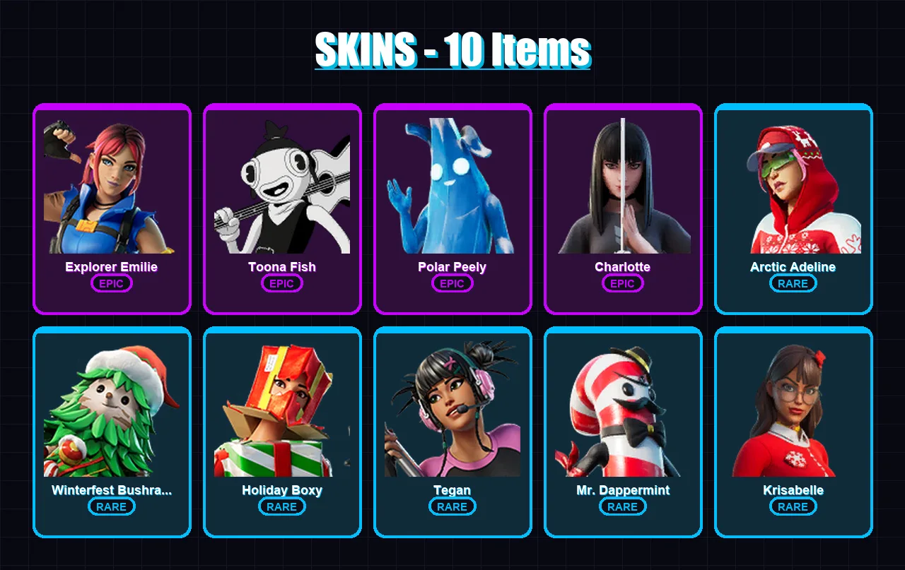 [PC/XBOX/PSN] | Explorer Emilie | Toona Fish | Polar Peely | Charlotte | Arctic Adeline | 10 skin | 13 pickaxe | 10 emote | 12 glider | Lv138