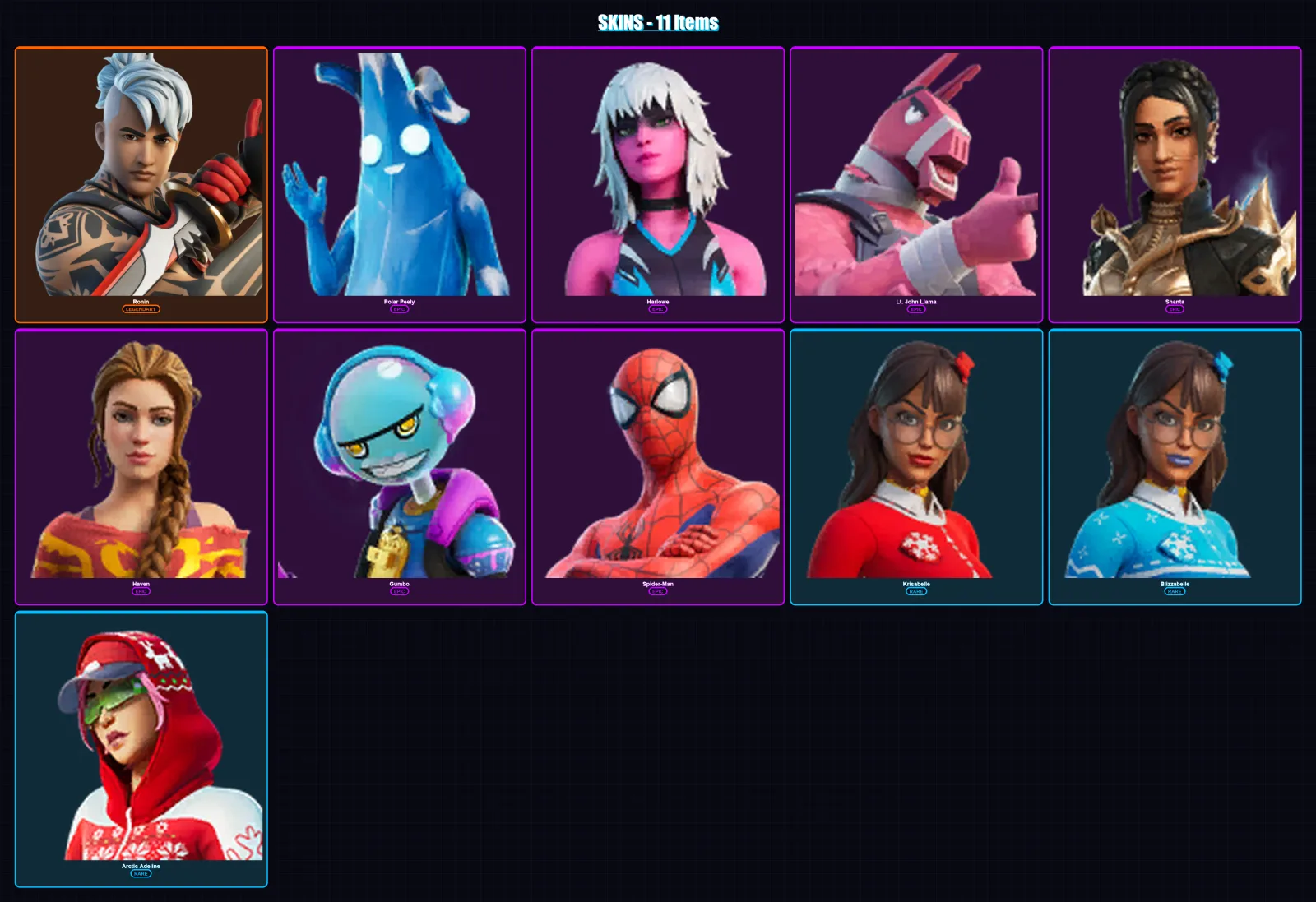 [PC/XBOX/PSN] | Ronin | Polar Peely | Harlowe | Lt. John Llama | Shanta | 11 skin | 13 pickaxe | 11 emote | 14 glider | Lv127