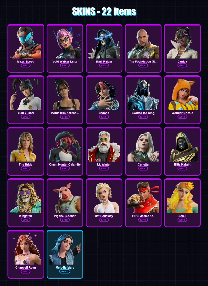 [PC/PSN] | Maxx Speed | Void Walker Lynx | Skull Raider | The Foundation (Reforged) | Danica | 22 skin | 26 pickaxe | 13 emote | 14 glider | Lv96