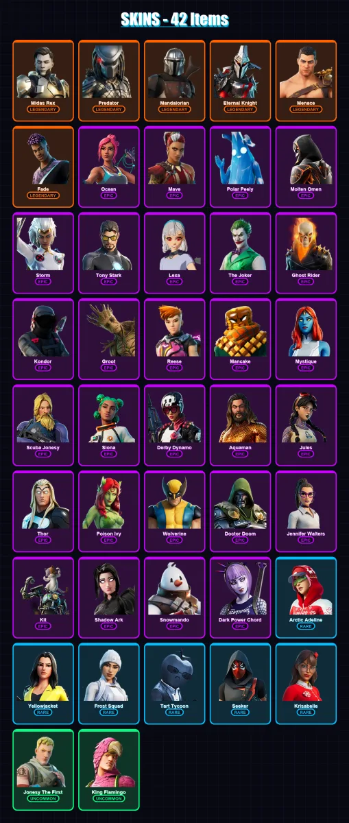 [PC/XBOX/PSN] | Midas Rex | Predator | Mandalorian | Eternal Knight | Menace | 42 skin | 62 pickaxe | 64 emote | 59 glider | Lv971