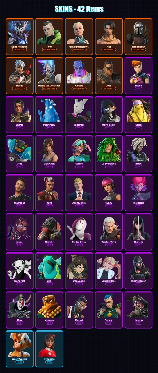 [PS4/PS5/XBOX/PC] | Spire Assassin | Twyn | Paradigm (Reality-659) | Raz | Mandalorian | 42 skin | 61 pickaxe | 48 emote | 65 glider | Lv926
