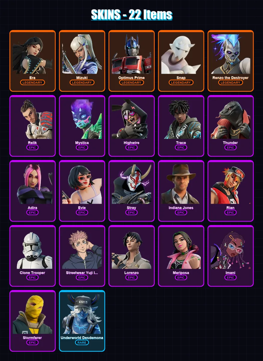 [PC/XBOX/PSN] | Era | Mizuki | Optimus Prime | Snap | Renzo the Destroyer | 22 skin | 34 pickaxe | 31 emote | 33 glider | Lv558
