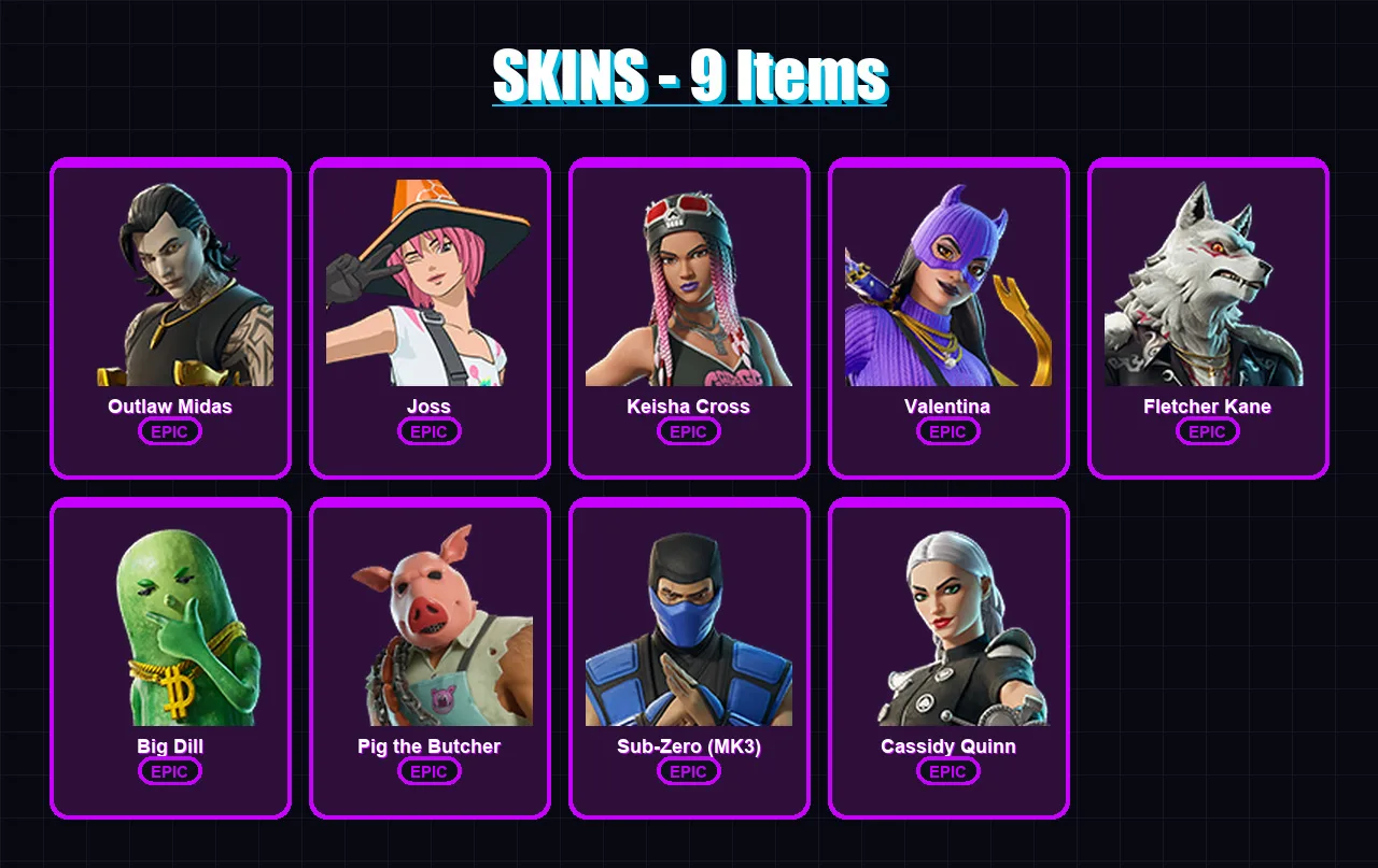 [PC/XBOX/PSN] | Outlaw Midas | Joss | Keisha Cross | Valentina | Fletcher Kane | 9 skin | 47 pickaxe | 26 emote | 35 glider | Lv688