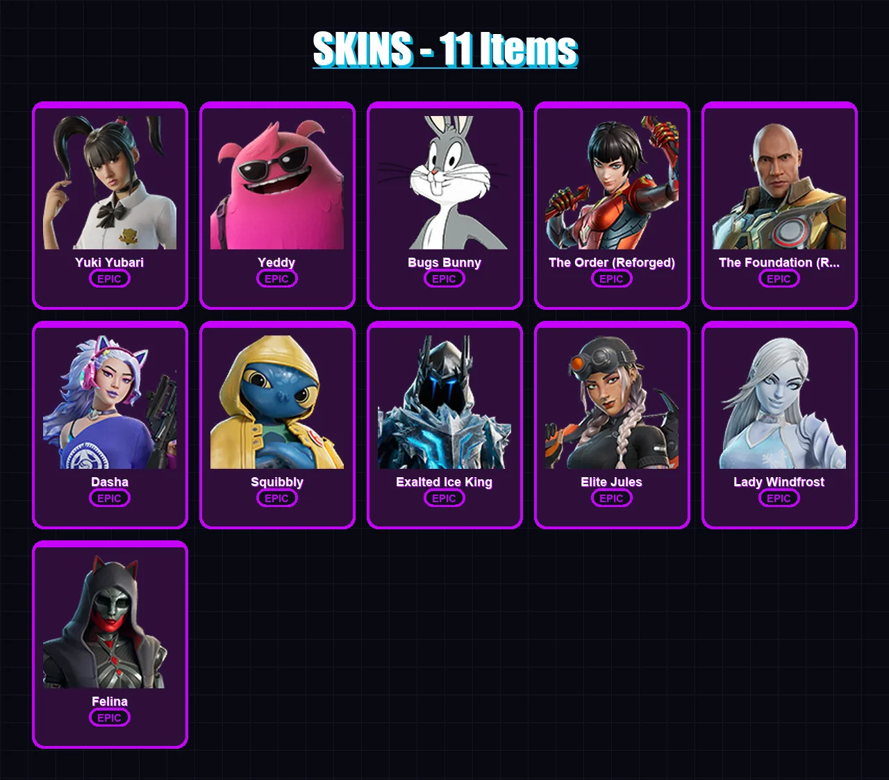 [PC/PSN] | Yuki Yubari | Yeddy | Bugs Bunny | The Order (Reforged) | The Foundation (Reforged) | 11 skin | 21 pickaxe | 14 emote | 15 glider | Lv271