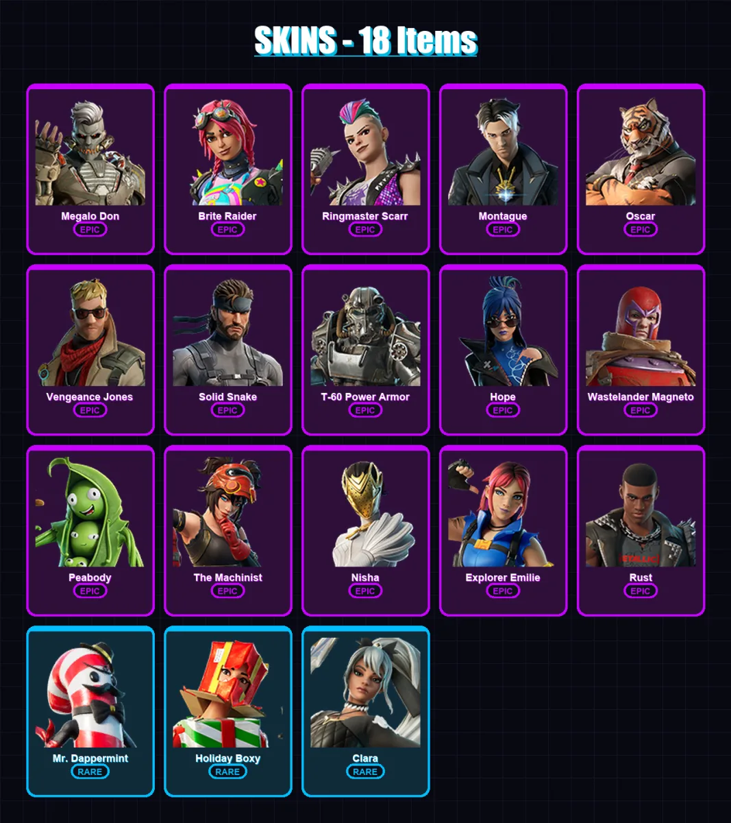 [PC/PSN] | Megalo Don | Brite Raider | Ringmaster Scarr | Montague | Oscar | 18 skin | 22 pickaxe | 19 emote | 24 glider | Lv215
