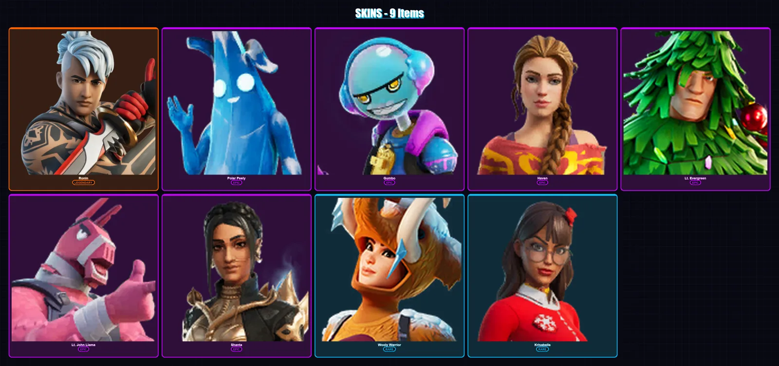 [SWITCH/XBOX/PSN/PC] | Ronin | Polar Peely | Gumbo | Haven | Lt. Evergreen | 9 skin | 13 pickaxe | 10 emote | 13 glider | Lv101